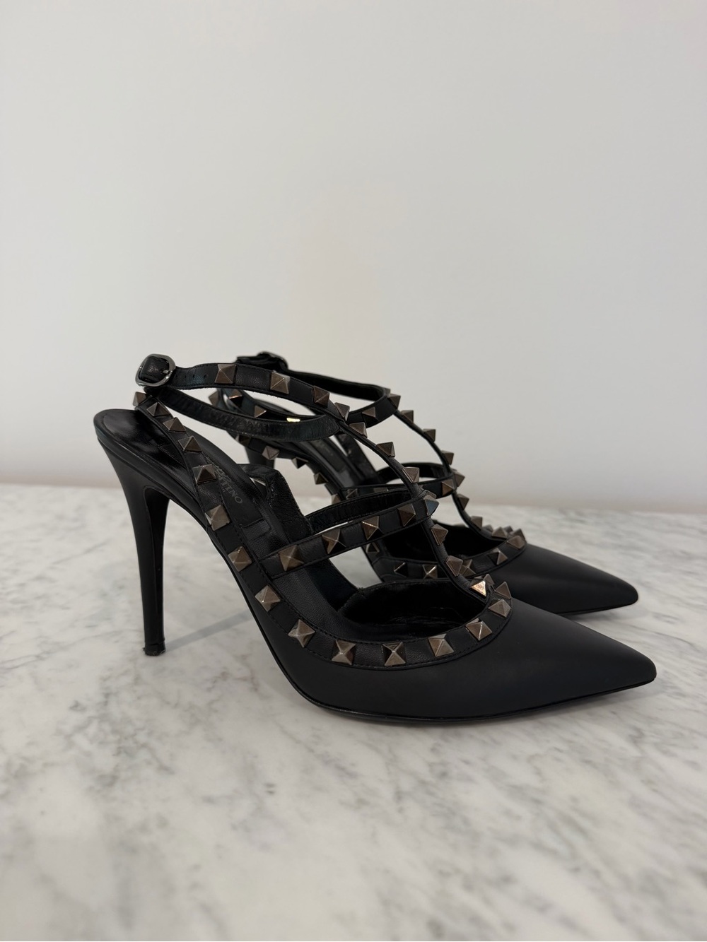 Valentino Garavani Black Studded Strappy Pointed-Toe Stilettos